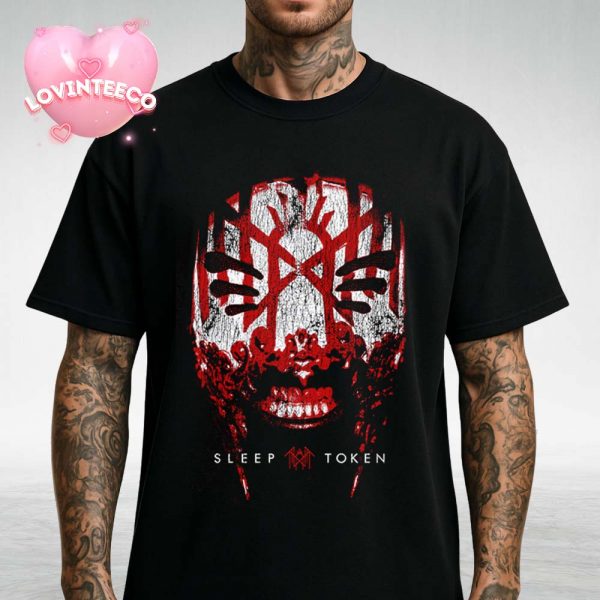 Sleep Token Teeth Mask T-Shirt With Red Face Design And Band Logo On Black Cotton Tee Unisex T-Shirt