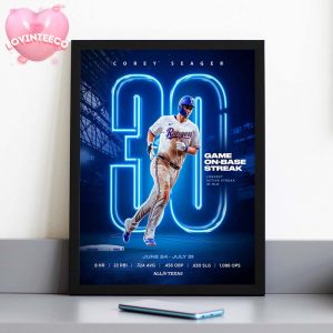 Corey Seager Texas Rangers Poster On July 31 2025 30 Game On Base Streak Highlight Major League Baseball Home Decor Poster Canvas