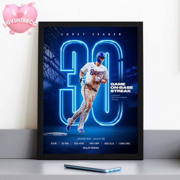 Corey Seager Texas Rangers Poster On July 31 2025 30 Game On Base Streak Highlight Major League Baseball Home Decor Poster Canvas